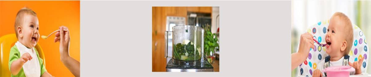 mother using a baby food processor to feed happy infants with nutritious baby food